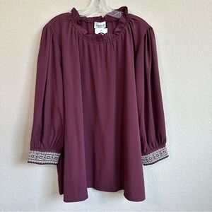 Washco Apparel Top Sully Maroon Long Sleeve Blouse Ruffle Neckline Embroidered